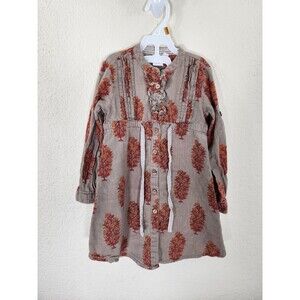 Yo Baby Girls Dress Size 4 Tan Orange Floral Block Print Cotton Boho Tunic